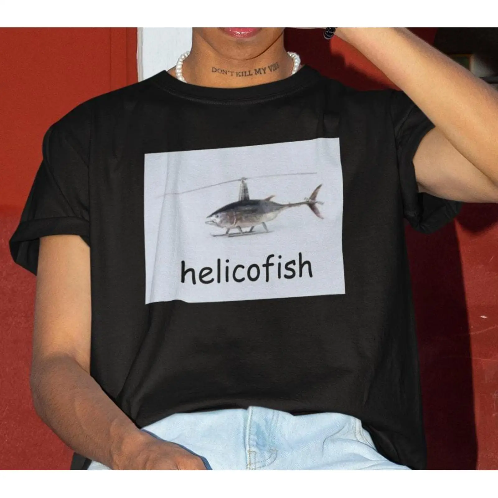 Vintage Fashion Gen Z - Camiseta Helicofish com meme engraçado de