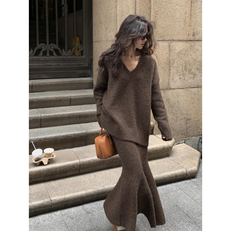 V Vintage Fashion - Conjunto de camisola de malha saia